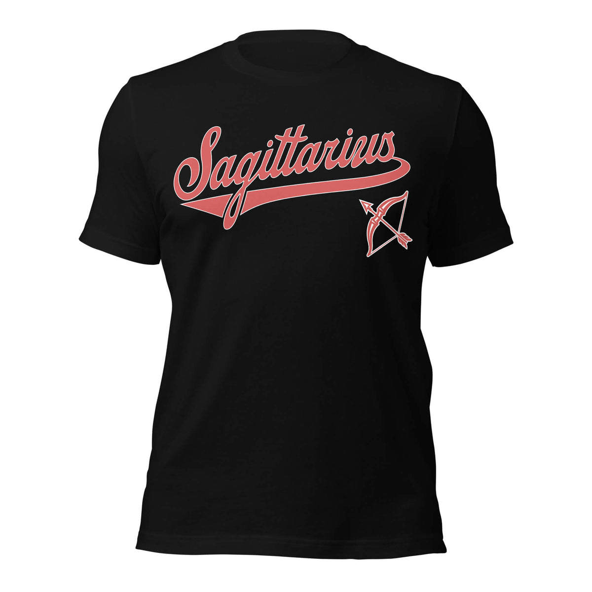 Sagittarius zodiac sports graphic t-shirt, black with red ink, unisex athletic astrology apparel, front flat lay