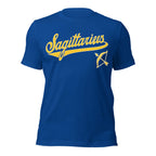 Sagittarius zodiac sports graphic t-shirt, blue with gold ink, unisex athletic astrology apparel, front flat lay