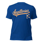 Sagittarius zodiac sports graphic t-shirt, blue with orange ink, unisex athletic astrology apparel, front flat lay