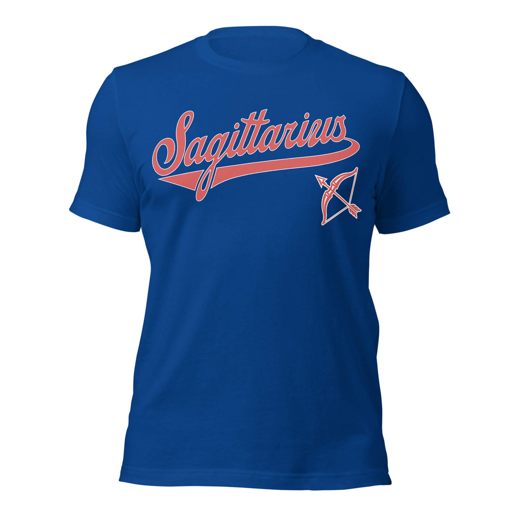 Sagittarius zodiac sports graphic t-shirt, blue with red ink, unisex athletic astrology apparel, front flat lay