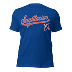 Sagittarius zodiac sports graphic t-shirt, blue with red ink, unisex athletic astrology apparel, front flat lay