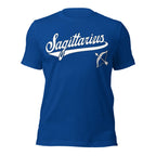 Sagittarius zodiac sports graphic t-shirt, blue with white ink, unisex athletic astrology apparel, front flat lay