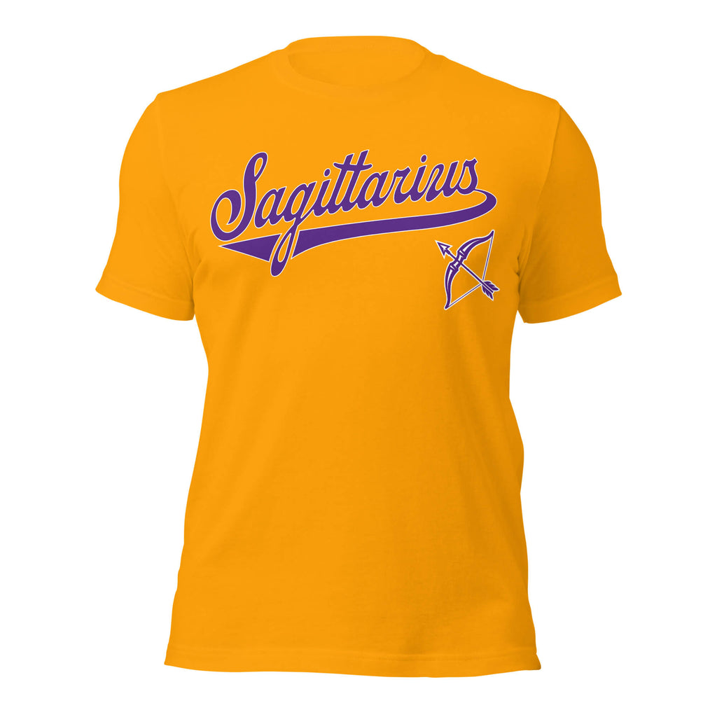Sagittarius zodiac sports graphic t-shirt, gold with purple ink, unisex athletic astrology apparel, front flat lay
