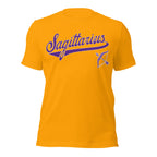 Sagittarius zodiac sports graphic t-shirt, gold with purple ink, unisex athletic astrology apparel, front flat lay