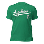 Sagittarius zodiac sports graphic t-shirt, green with white ink, unisex athletic astrology apparel, front flat lay