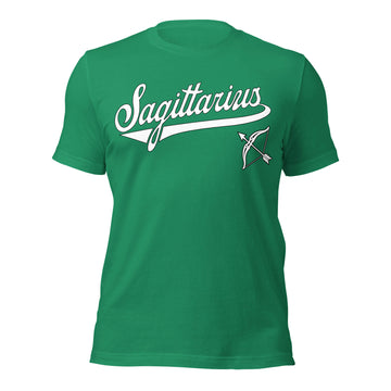 Sagittarius zodiac sports graphic t-shirt, green with white ink, unisex athletic astrology apparel, front flat lay