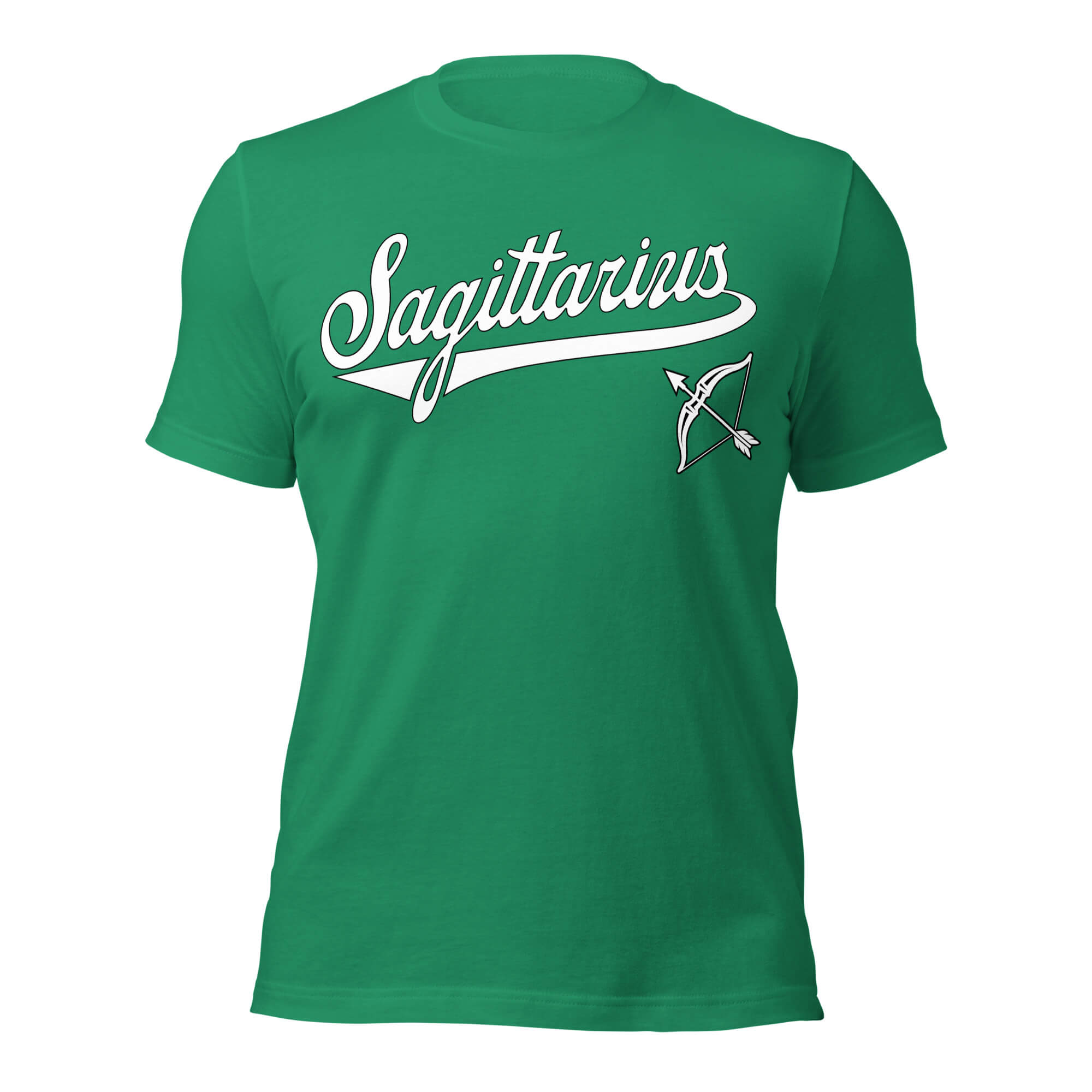 Sagittarius zodiac sports graphic t-shirt, green with white ink, unisex athletic astrology apparel, front flat lay