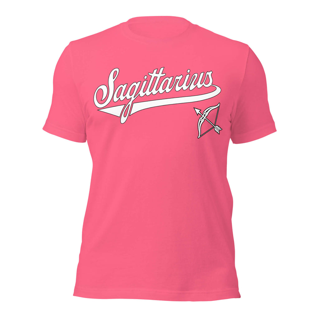Sagittarius zodiac sports graphic t-shirt, pink with white ink, unisex athletic astrology apparel, front flat lay