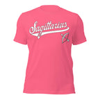 Sagittarius zodiac sports graphic t-shirt, pink with white ink, unisex athletic astrology apparel, front flat lay