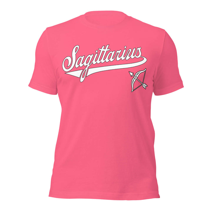 Sagittarius zodiac sports graphic t-shirt, pink with white ink, unisex athletic astrology apparel, front flat lay