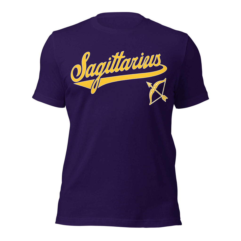Sagittarius zodiac sports graphic t-shirt, purple with gold ink, unisex athletic astrology apparel, front flat lay