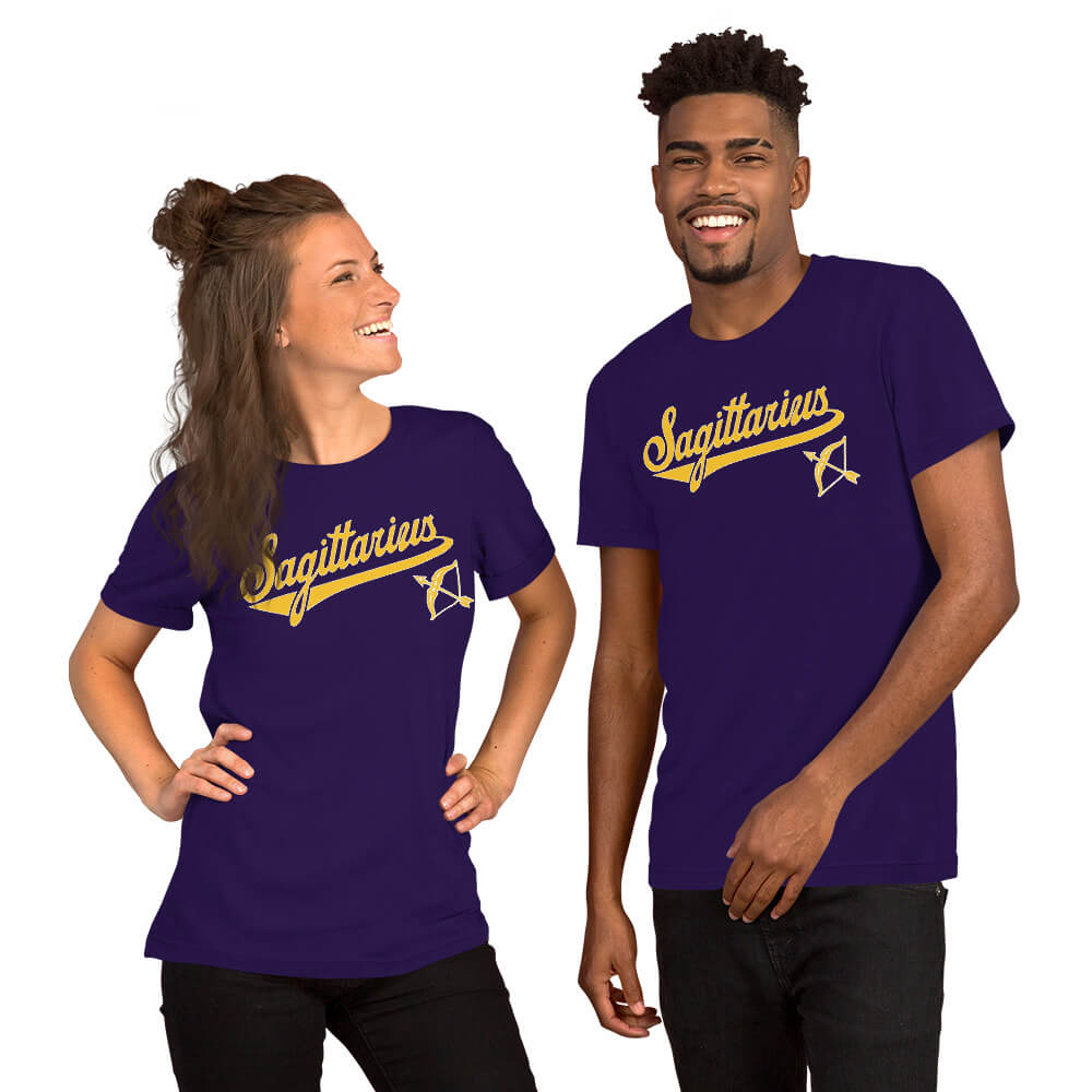 Two people wearing purple t-shirts with a Sagittarius zodiac graphic on a white background
