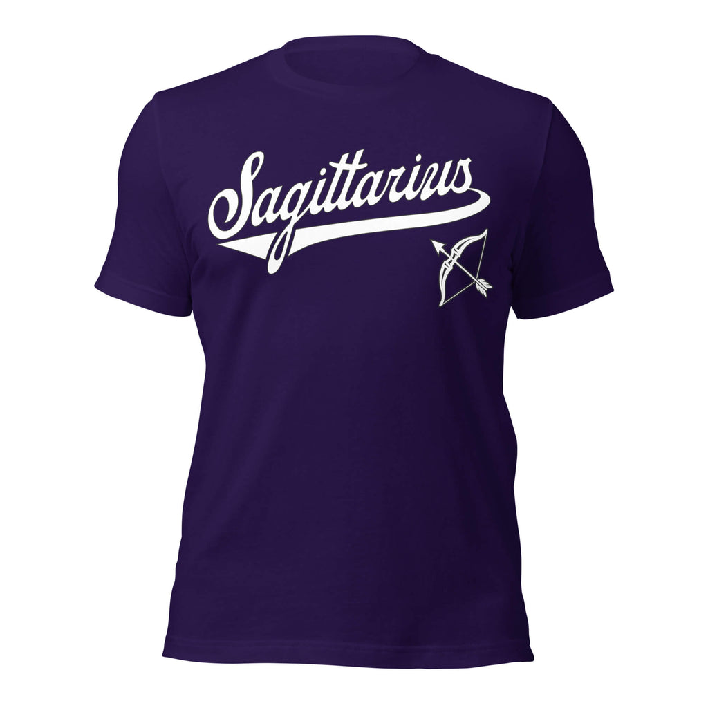 Sagittarius zodiac sports graphic t-shirt, purple with white ink, unisex athletic astrology apparel, front flat lay