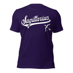Sagittarius zodiac sports graphic t-shirt, purple with white ink, unisex athletic astrology apparel, front flat lay