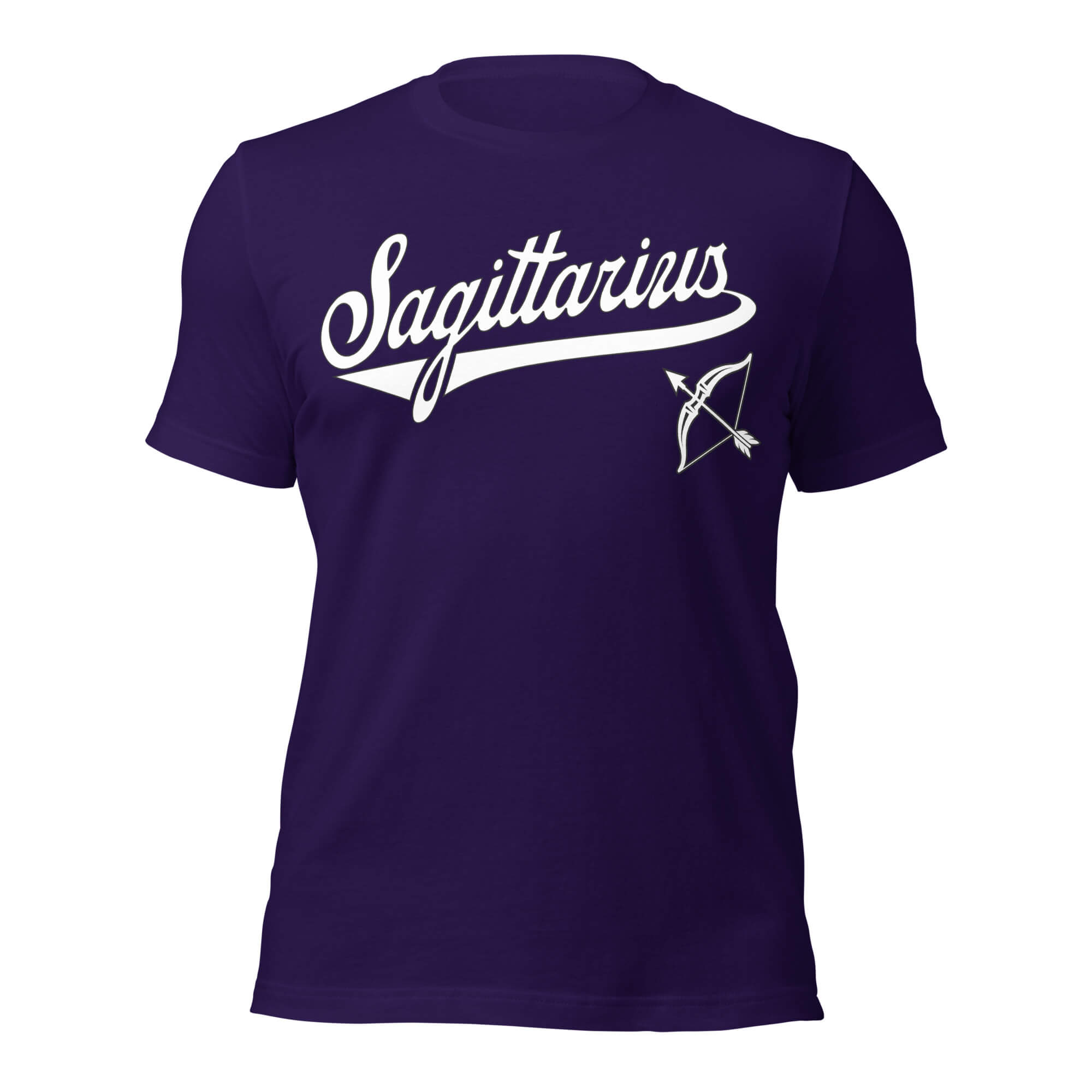 Sagittarius zodiac sports graphic t-shirt, purple with white ink, unisex athletic astrology apparel, front flat lay