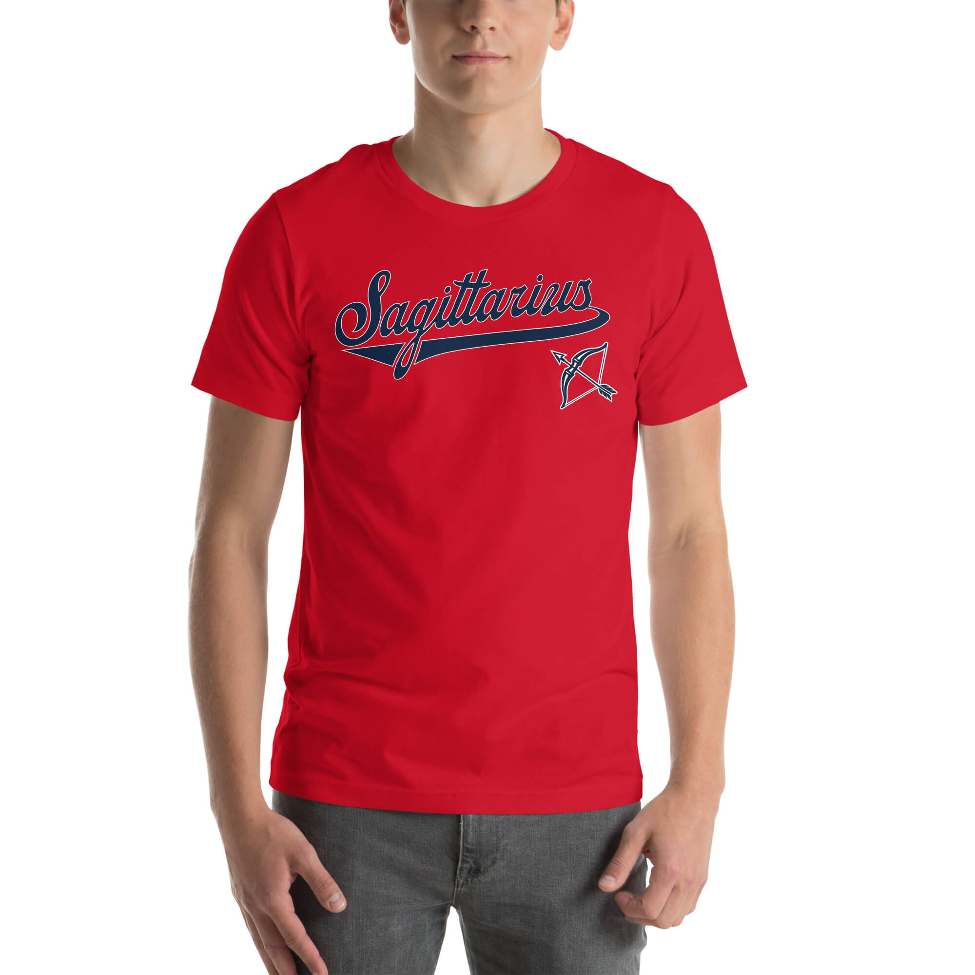 Person wearing a red t-shirt with 'Sagittarius' logo on a white background