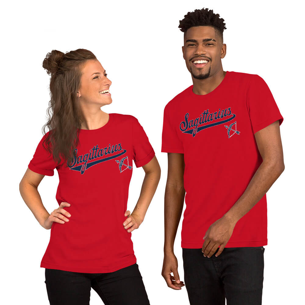 Two people wearing red t-shirts with Sagittarius zodiac graphic on a white background