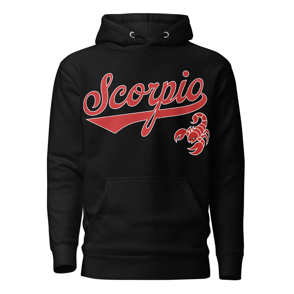 Scorpio zodiac sports graphic hoodie, black with red ink, unisex athletic astrology apparel, front flat lay