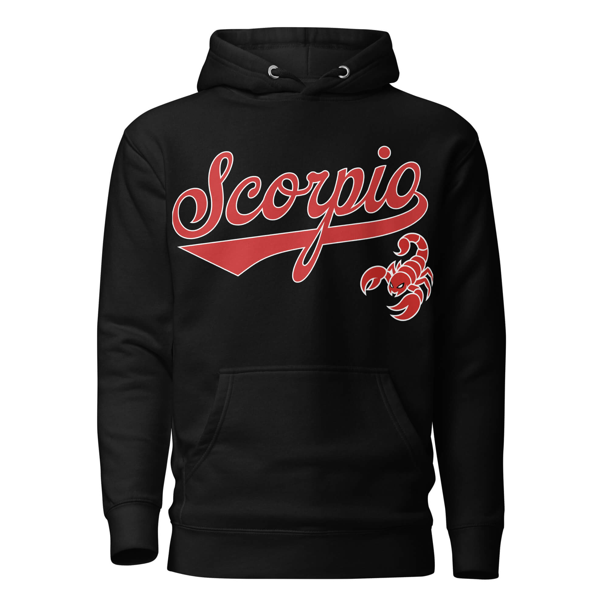 Scorpio zodiac sports graphic hoodie, black with red ink, unisex athletic astrology apparel, front flat lay