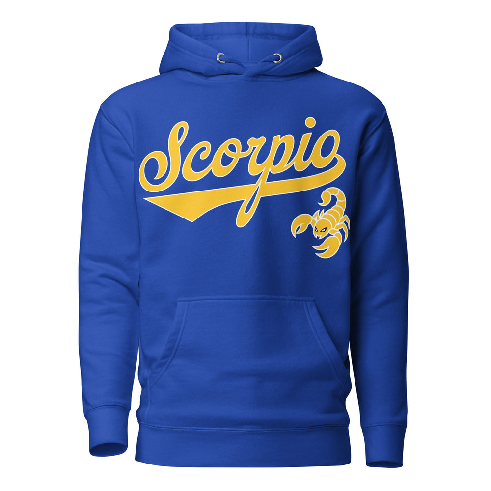 Scorpio zodiac sports graphic hoodie, blue with gold ink, unisex athletic astrology apparel, front flat lay