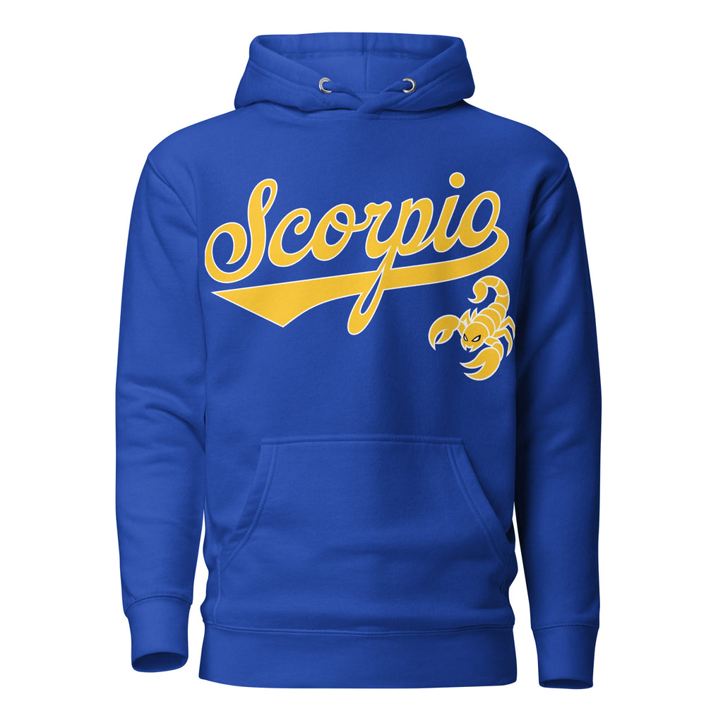 Scorpio zodiac sports graphic hoodie, blue with gold ink, unisex athletic astrology apparel, front flat lay