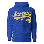 Scorpio zodiac sports graphic hoodie, blue with gold ink, unisex athletic astrology apparel, front flat lay