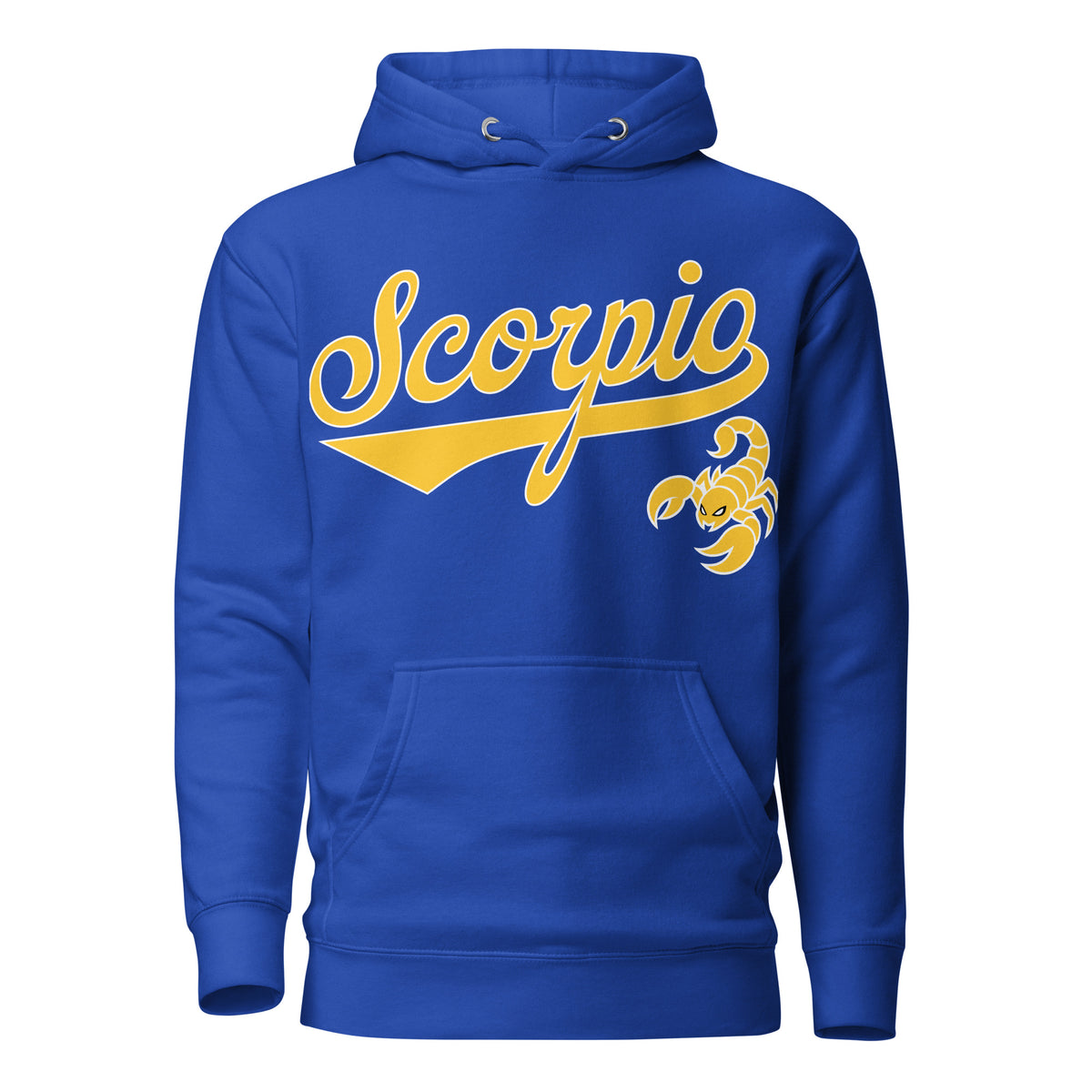 Scorpio zodiac sports graphic hoodie, blue with gold ink, unisex athletic astrology apparel, front flat lay