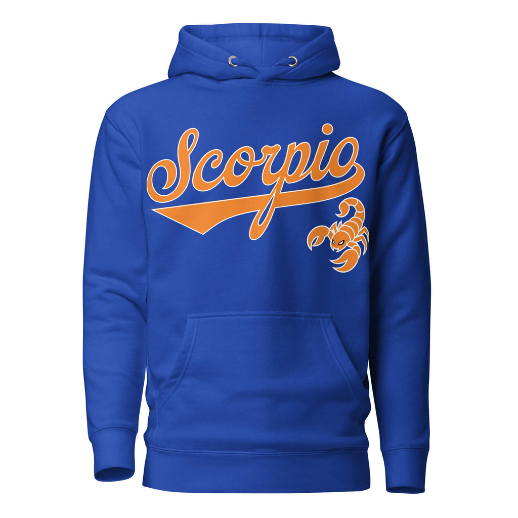 Scorpio zodiac sports graphic hoodie, blue with orange ink, unisex athletic astrology apparel, front flat lay