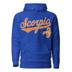 Scorpio zodiac sports graphic hoodie, blue with orange ink, unisex athletic astrology apparel, front flat lay
