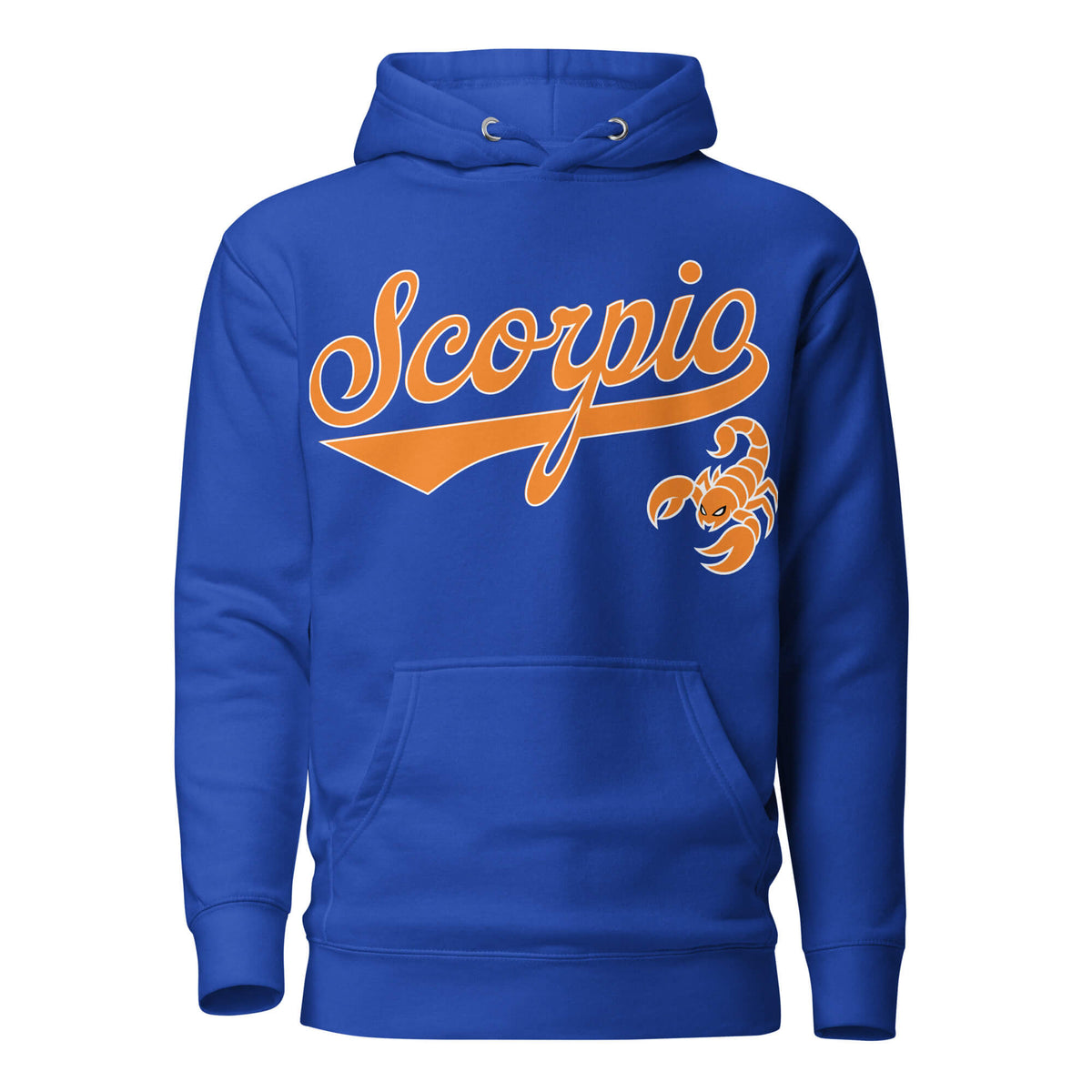 Scorpio zodiac sports graphic hoodie, blue with orange ink, unisex athletic astrology apparel, front flat lay
