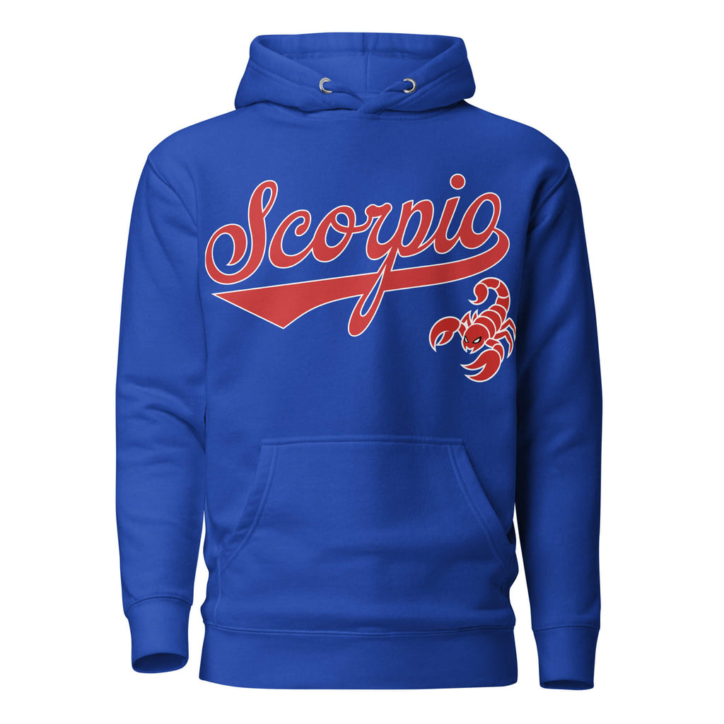 Scorpio zodiac sports graphic hoodie, blue with red ink, unisex athletic astrology apparel, front flat lay