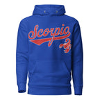 Scorpio zodiac sports graphic hoodie, blue with red ink, unisex athletic astrology apparel, front flat lay