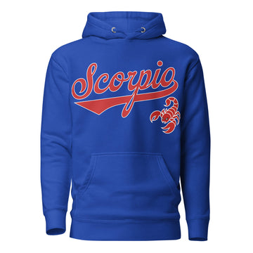 Scorpio zodiac sports graphic hoodie, blue with red ink, unisex athletic astrology apparel, front flat lay
