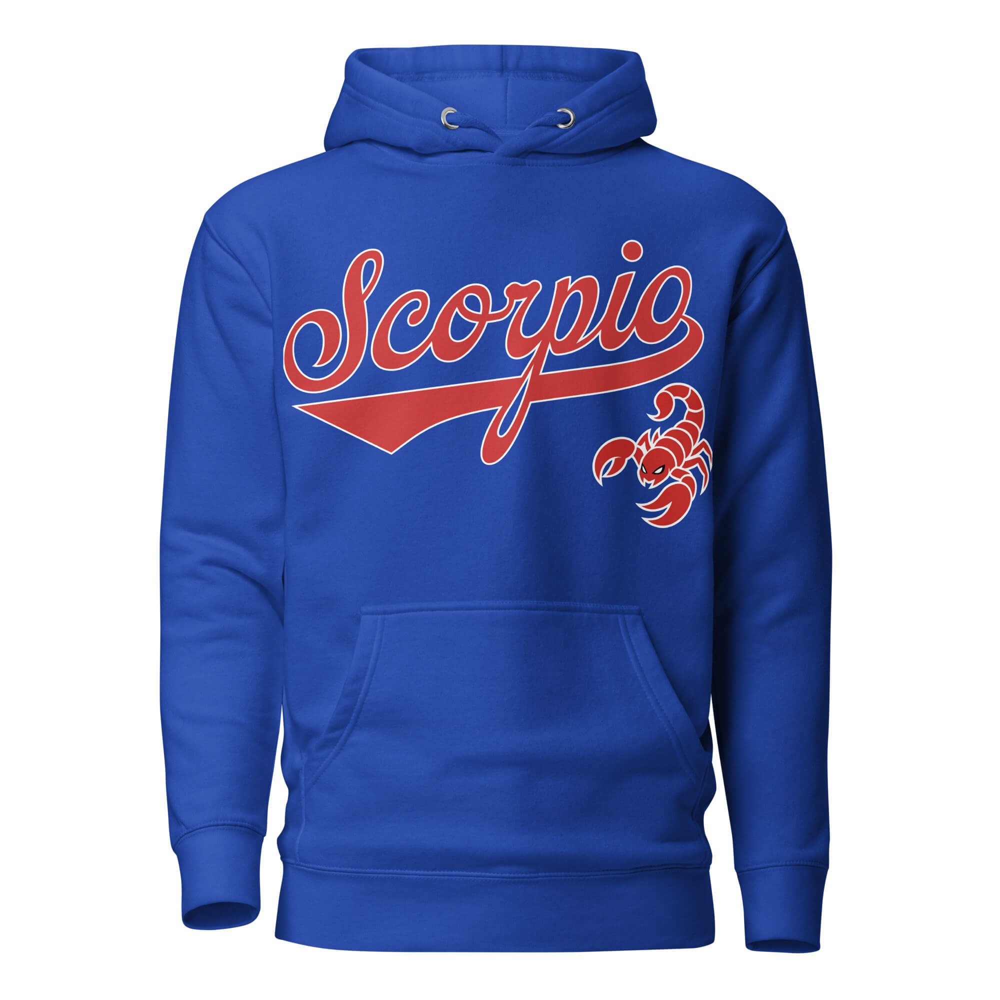 Scorpio zodiac sports graphic hoodie, blue with red ink, unisex athletic astrology apparel, front flat lay