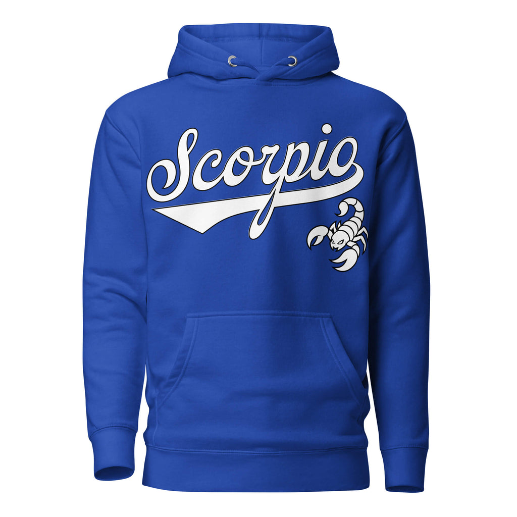 Scorpio zodiac sports graphic hoodie, blue with white ink, unisex athletic astrology apparel, front flat lay