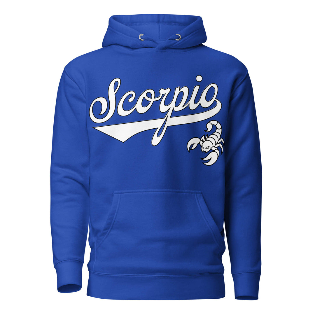 Scorpio zodiac sports graphic hoodie, blue with white ink, unisex athletic astrology apparel, front flat lay