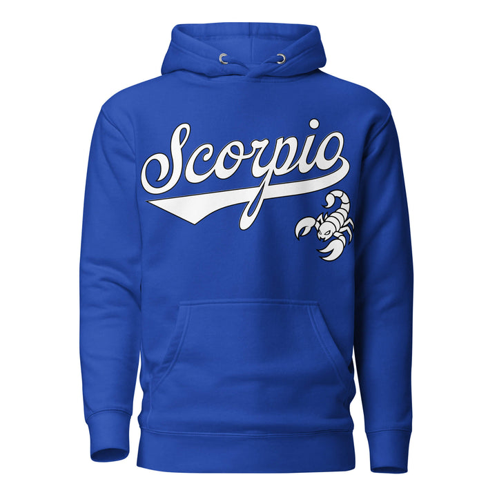 Scorpio zodiac sports graphic hoodie, blue with white ink, unisex athletic astrology apparel, front flat lay
