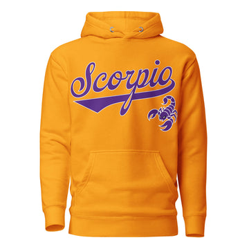Scorpio zodiac sports graphic hoodie, gold with purple ink, unisex athletic astrology apparel, front flat lay