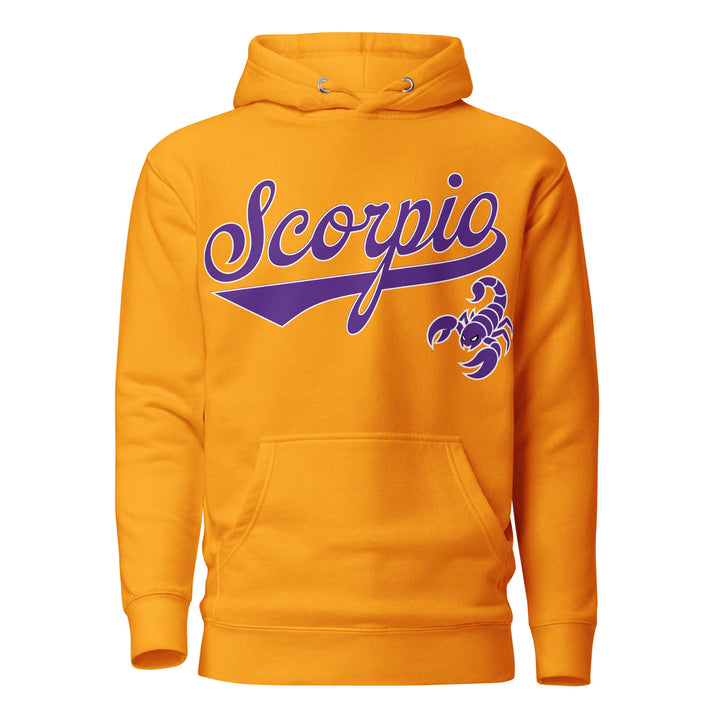 Scorpio zodiac sports graphic hoodie, gold with purple ink, unisex athletic astrology apparel, front flat lay