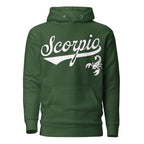 Scorpio zodiac sports graphic hoodie, green with white ink, unisex athletic astrology apparel, front flat lay