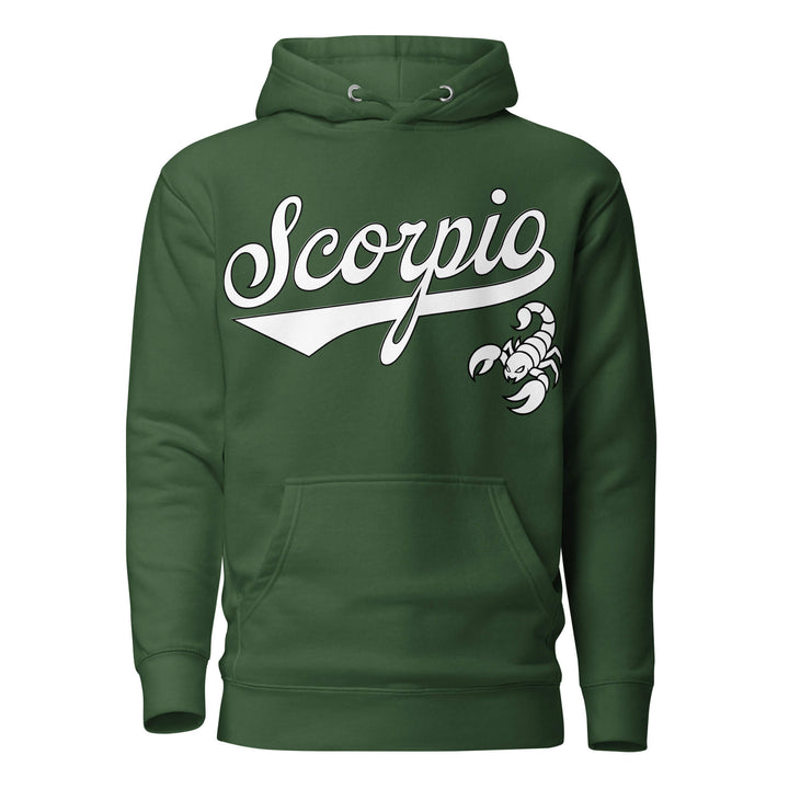 Scorpio zodiac sports graphic hoodie, green with white ink, unisex athletic astrology apparel, front flat lay