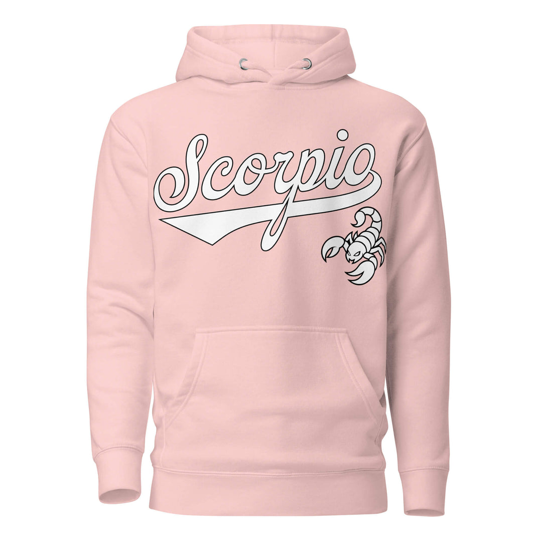 Scorpio zodiac sports graphic hoodie, pink with white ink, unisex athletic astrology apparel, front flat lay