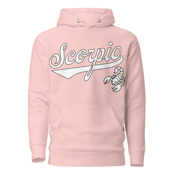 Scorpio zodiac sports graphic hoodie, pink with white ink, unisex athletic astrology apparel, front flat lay