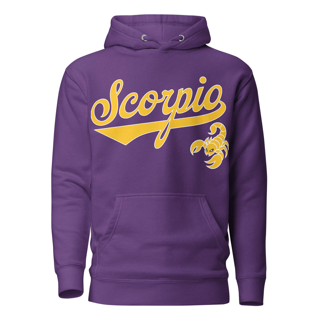 Scorpio zodiac sports graphic hoodie, purple with gold ink, unisex athletic astrology apparel, front flat lay