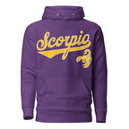 Scorpio zodiac sports graphic hoodie, purple with gold ink, unisex athletic astrology apparel, front flat lay