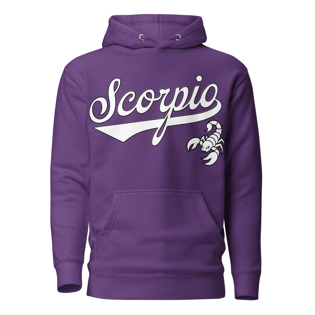 Scorpio zodiac sports graphic hoodie, purple with white ink, unisex athletic astrology apparel, front flat lay