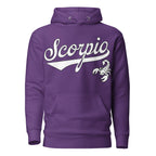 Scorpio zodiac sports graphic hoodie, purple with white ink, unisex athletic astrology apparel, front flat lay