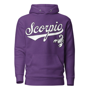 Scorpio zodiac sports graphic hoodie, purple with white ink, unisex athletic astrology apparel, front flat lay