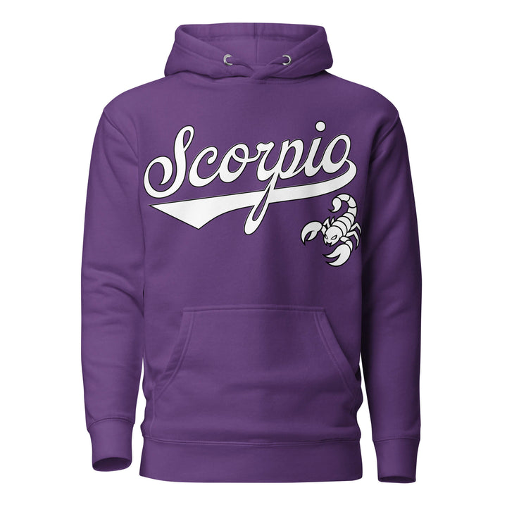Scorpio zodiac sports graphic hoodie, purple with white ink, unisex athletic astrology apparel, front flat lay