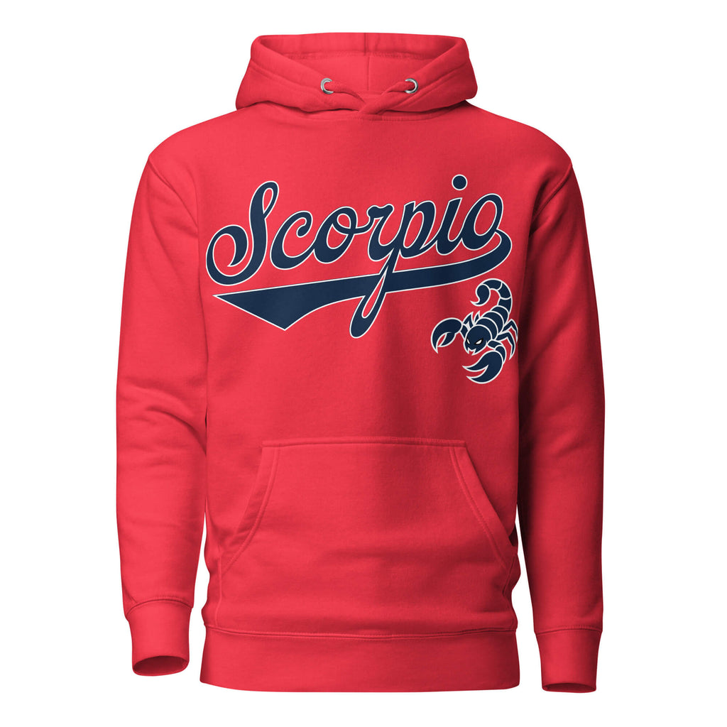 Scorpio zodiac sports graphic hoodie, red with blue ink, unisex athletic astrology apparel, front flat lay